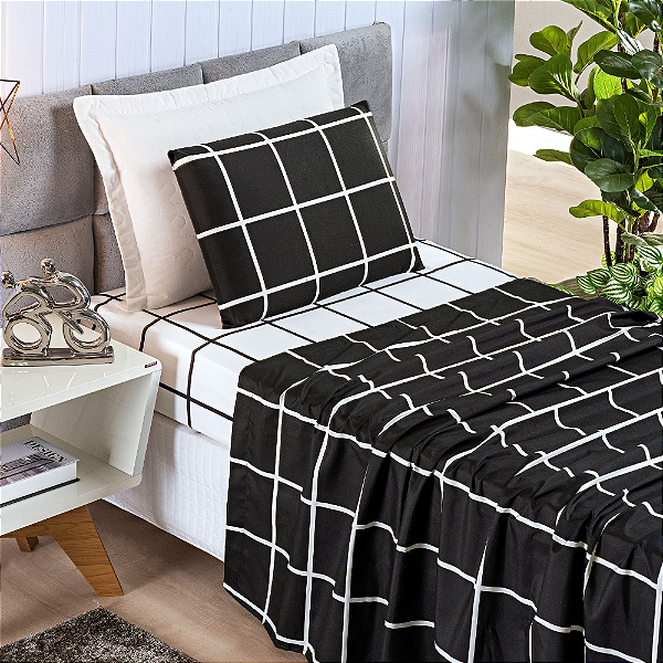 Jogo de cama Solteiro 03 peças Micro Percal 200 Fios Austin Estampa - Preto
