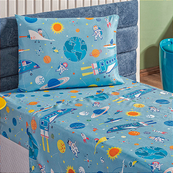 Jogo de cama Solteiro 03 peças lençol Toque Macio Bouti Kids - Astronauta
