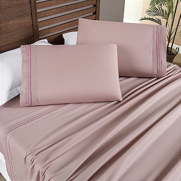 Jogo de Cama Lençol King 04 Peças Bordado Micropercal 200 Fios Allegra - Sal Rosa