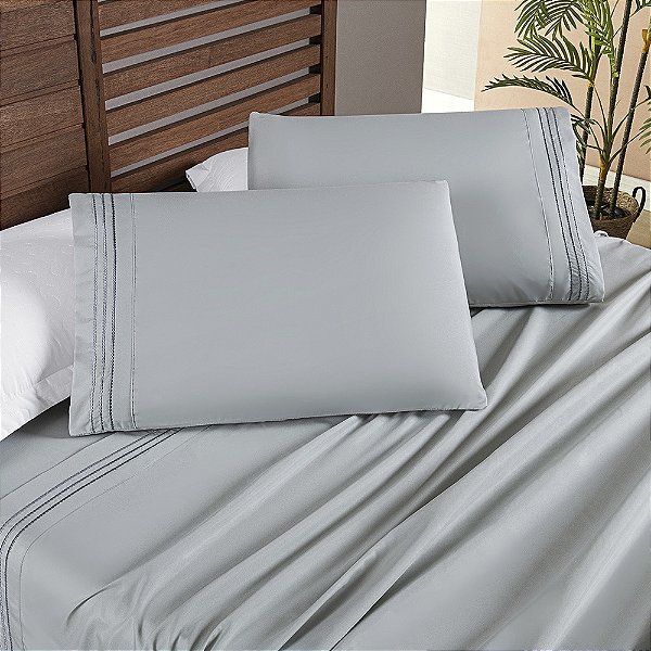 Jogo de Cama Lençol Queen 04 Peças Bordado Micropercal 200 Fios Allegra - Cinza Geada