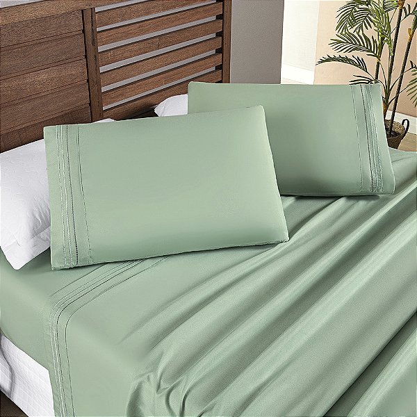 Jogo de Cama Lençol Queen 04 Peças Bordado Micropercal 200 Fios Allegra - Salvia