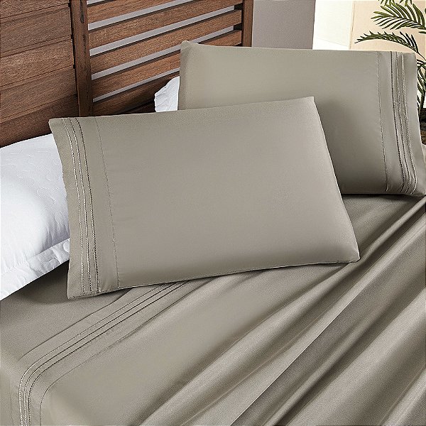 Jogo de Cama Lençol Queen 04 Peças Bordado Micropercal 200 Fios Allegra - Taupe