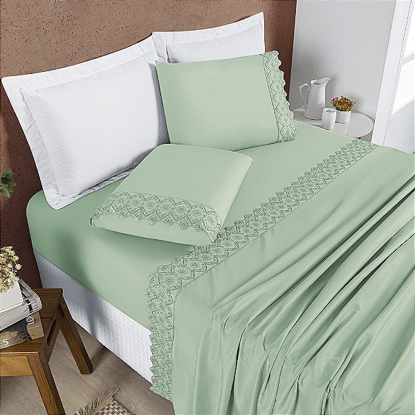 Jogo de Cama Lençol Casal Padrão 04 Peças Bordado Micropercal 200 Fios Nobless - Salvia
