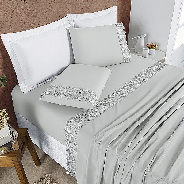 Jogo de Cama Lençol Queen 04 Peças Bordado Micropercal 200 Fios Nobless - Cinza Geada