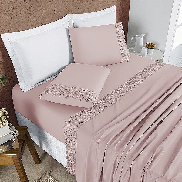 Jogo de Cama Lençol Solteiro 03 Peças Bordado Micropercal 200 Fios Nobless - Sal Rosa