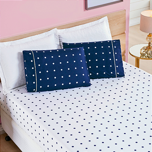 Jogo de cama Casal Padrão 03 peças Micro Percal 200 Fios Petit Poá Estampa - Marinho