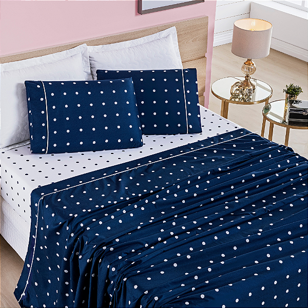 Jogo de cama King 04 peças Micro Percal 200 Fios Petit Poá Estampa - Marinho