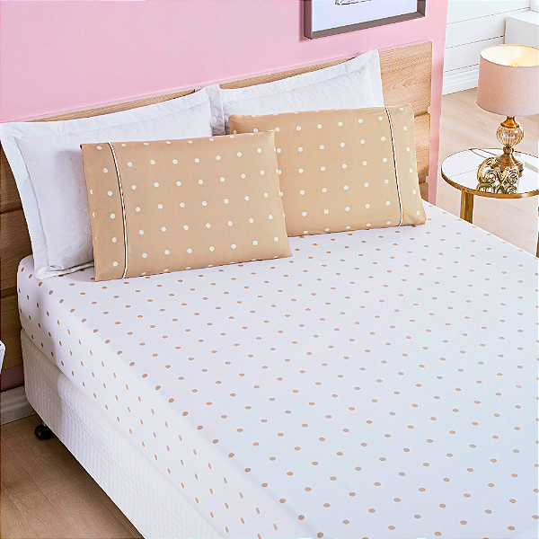 Jogo de cama Queen 03 peças Micro Percal 200 Fios Petit Poá Estampa - Cáqui