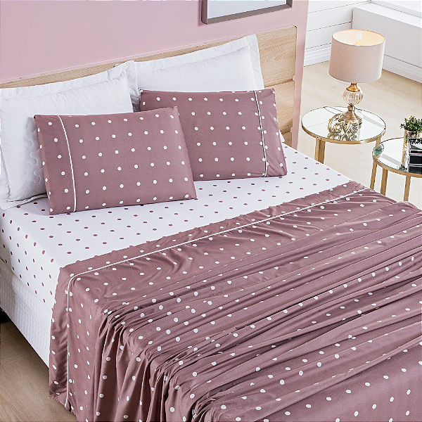 Jogo de cama Queen 04 peças Micro Percal 200 Fios Petit Poá Estampa - Rosê