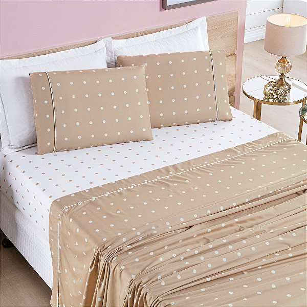 Jogo de cama Solteiro 03 peças Micro Percal 200 Fios Petit Poá Estampa - Cáqui