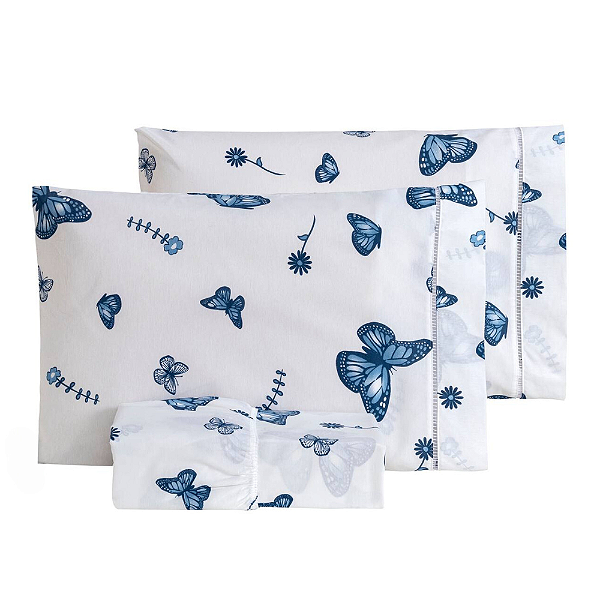 Jogo de lençol Casal Padrão 03 Peças 100% Algodão Percal 180 fios Vivale - Borboletas Azul