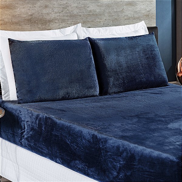 Jogo de lençol Casal Padrão 03 Peças Plush Manta Flannel BiaSoft Aveludada de Inverno - Marinho