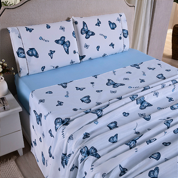Jogo de lençol King 04 Peças 100% Algodão Percal 180 fios Vivale - Borboleta Azul