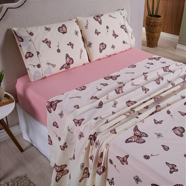 Jogo de lençol King 04 Peças 100% Algodão Percal 180 fios Vivale - Borboletas Rosê