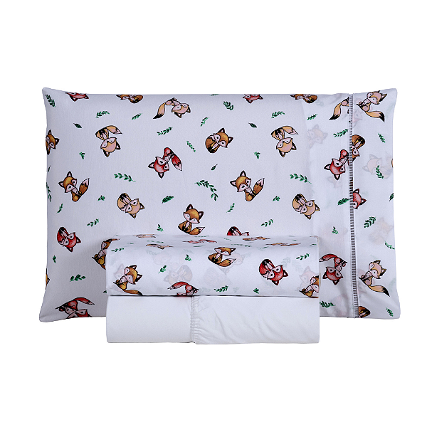 Jogo de lençol Solteiro 03 Peças 100% Algodão Percal 180 fios Kids - Raposa