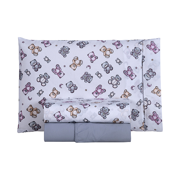 Jogo de lençol Solteiro 03 Peças 100% Algodão Percal 180 fios Kids - Urso