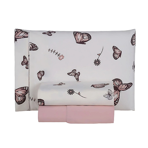 Jogo de lençol Solteiro 03 Peças 100% Algodão Percal 180 fios Vivale - Borboletas Rosê