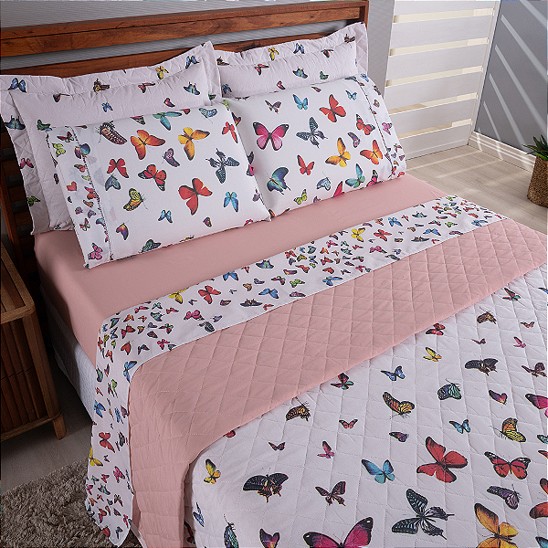 Kit 07 Peças Cobre leito + Jogo de lençol Casal 100% Algodão Percal 180 fios Vivale - Borboletas
