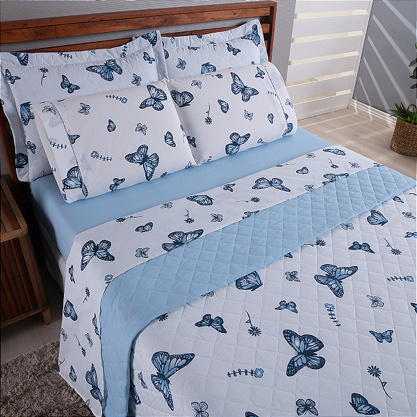 Kit 07 Peças Cobre leito + Jogo de lençol Queen 100% Algodão Percal 180 fios Vivale - Borboletas Azul