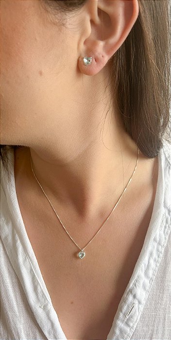 Conjunto Colar e Brinco em Prata Coração Zircônia Azul Claro