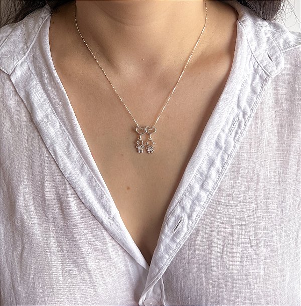 Colar em Prata Pingente Duplo Casal Coração