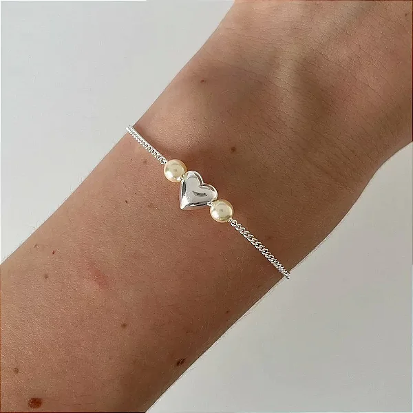 Pulseira em Prata  Coração Central e Pérolas