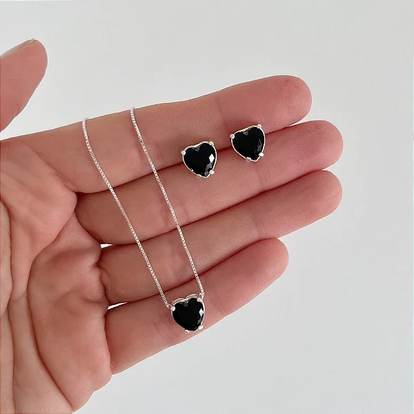 Conjunto em Prata Coração Zircônia Preto