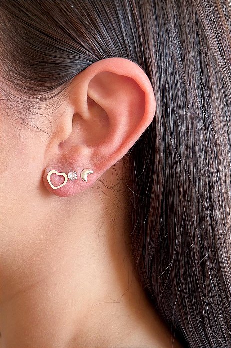 Trio de Brincos em Prata Coração, Lua e Zircônias