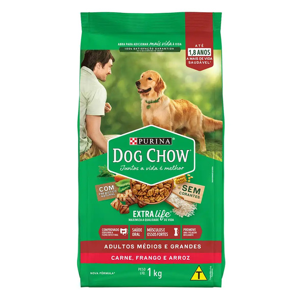 Ração Dog Chow Cães Adultos Médios e Grandes Carne, Frango e Arroz 1 kg