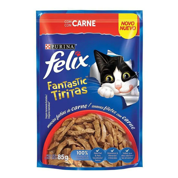 Ração Úmida Félix Gatos Adultos Fantastic Tiritas Carne 85 g