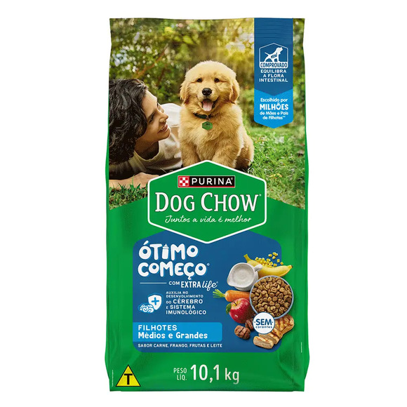 Ração Dog Chow Cães Filhotes Médios e Grandes Carne, Frango e Arroz 10,1kg