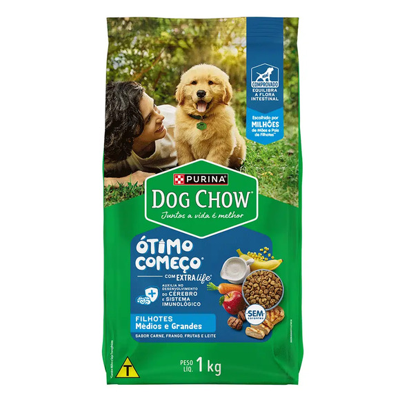 Ração Dog Chow Cães Filhotes Médios e Grandes Carne, Frango e Arroz 1 kg
