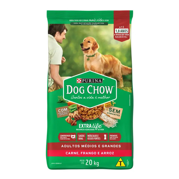 Ração Dog Chow Cães Adultos Médios e Grandes Carne, Frango e Arroz 20 kg