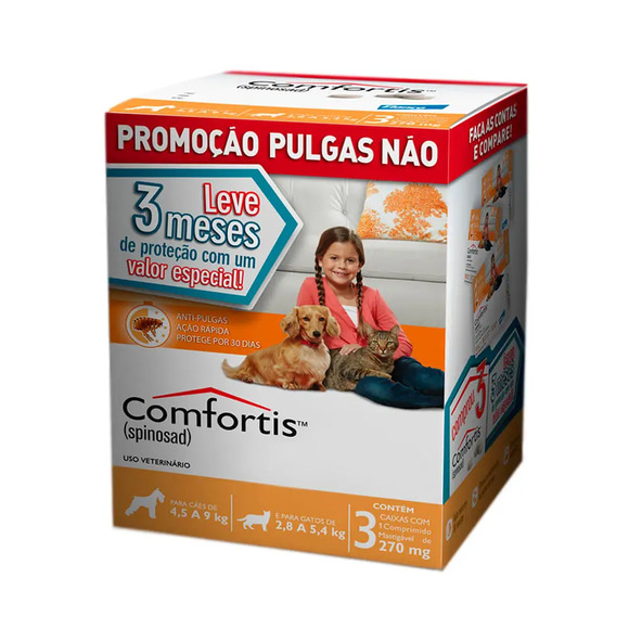 Antipulgas Comfortis 270 mg - Cães de 4,5 a 9Kg e Gatos de 2,8 a 5,4Kg 3 comprimidos