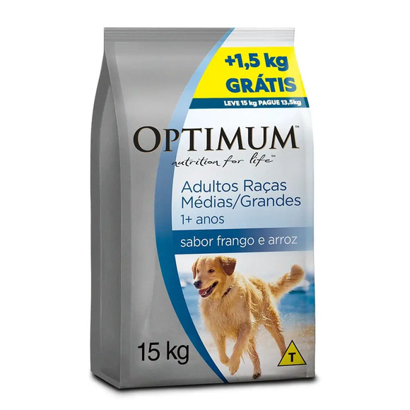 Ração Optimum para Cães Adultos Raças Médias e Grandes 1+ anos Frango e Arroz Leve 15 kg Pague 13,5 kg