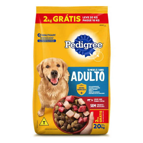 Ração Pedigree Cães Adultos Raças Médias e Grandes Carne, Frango e Cereais Leve 20 kg Pague 18 kg