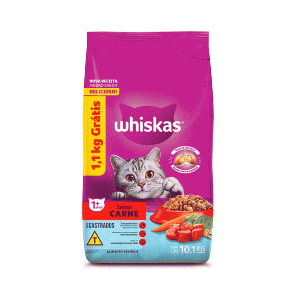 Ração Whiskas Gatos Adultos Castrados Carne Leve 10,1 kg Pague 9 kg