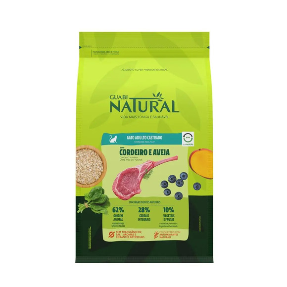 Ração Guabi Natural Gatos Adultos Castrados Cordeiro e Aveia 7,5 kg