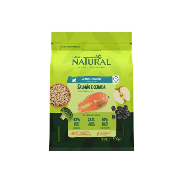 Ração Guabi Natural Gatos Adultos Castrados Salmão e Cevada 500 g