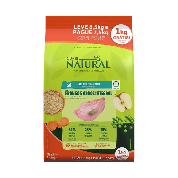 Ração Guabi Natural Gato Adulto Castrado Frango e Arroz Integral 7,5kg + 1kg Grátis