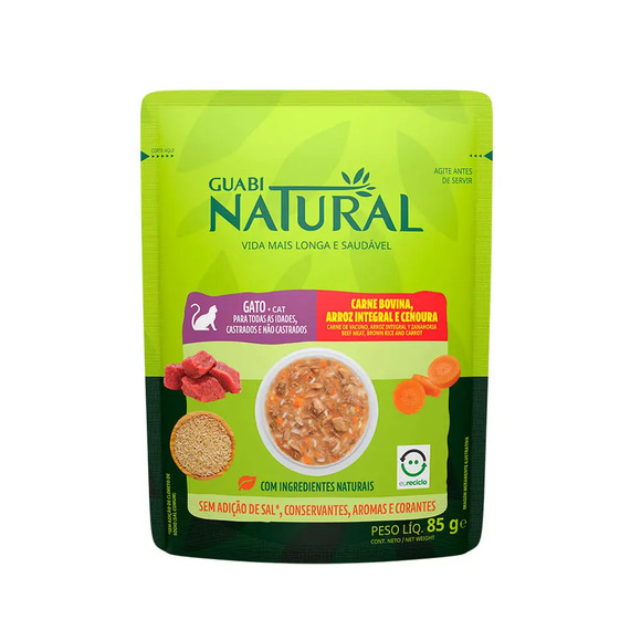 Ração Úmida Guabi Natural Gatos Carne, Arroz e Cenoura 85 g