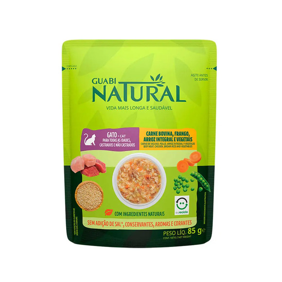 Ração Úmida Guabi Natural Gatos Carne, Frango, Arroz e Vegetais 85 g