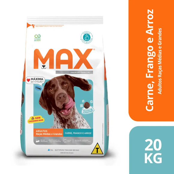 Ração Max para Cães Adultos Raças Médias e Grandes Carne, Frango e Arroz 20 kg