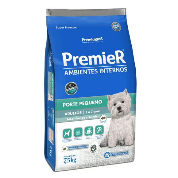 Ração Premier Ambientes Internos Cães Adultos Raças Pequenas Frango e Salmão 7,5 kg