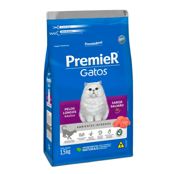 Ração Premier Ambientes Internos Gatos Adultos Pelos Longos Salmão 1,5 kg