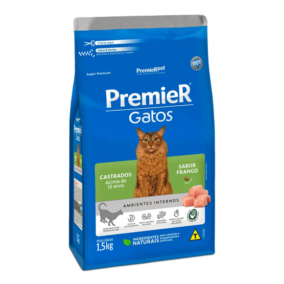 Ração Premier Ambientes Internos Gatos Adultos Castrados +12 anos 1,5 kg