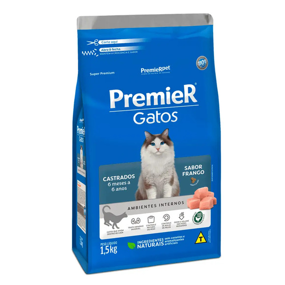 Ração Premier Ambientes Internos Gatos Castrados 6 Meses a 6 Anos Frango 1, 5 kg
