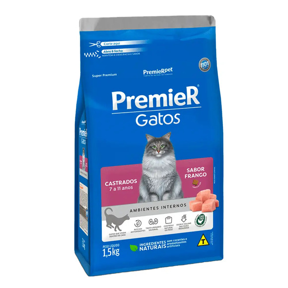 Ração Premier Ambientes Internos Gatos Castrados 7 a 11 Anos Frango 1, 5 kg