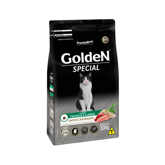 Ração Golden Special Gatos Adultos Castrados Frango e Carne 3 kg