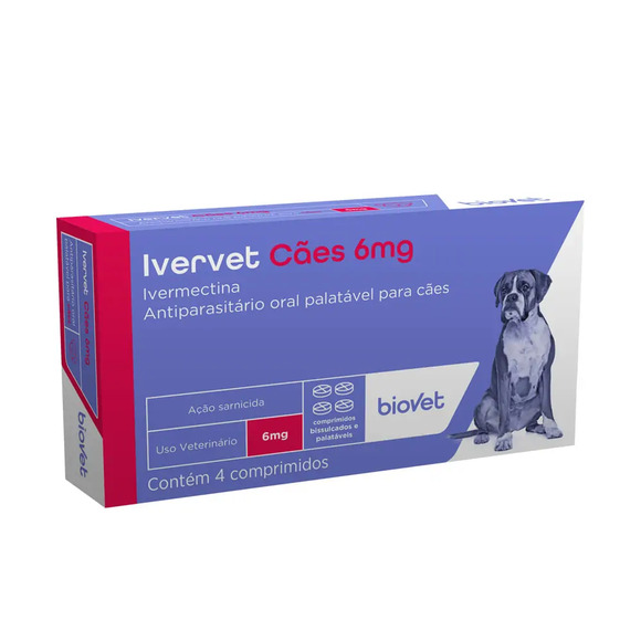 Antiparasitário Ivervet Cães 6mg Biovet 4 comprimidos